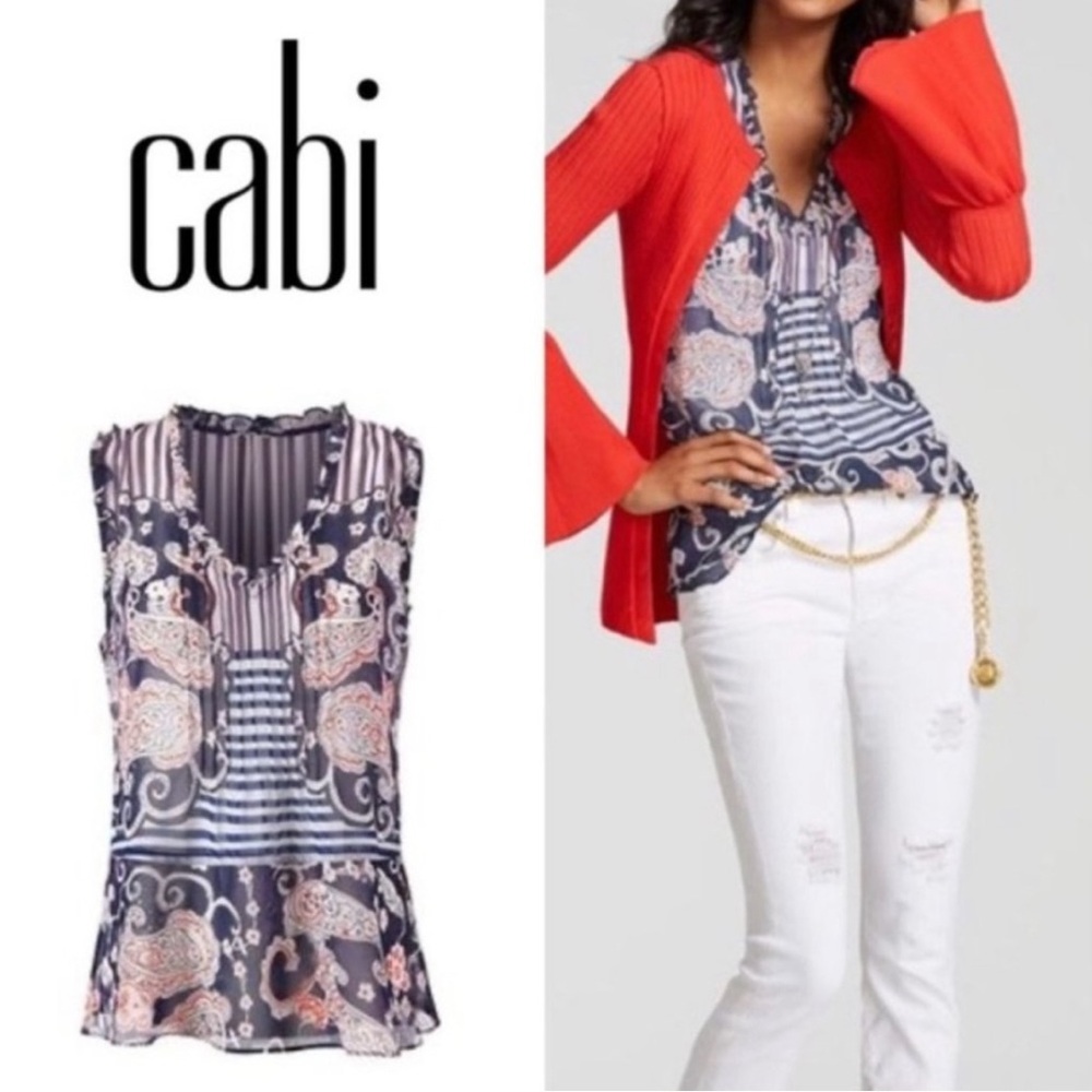 CAbi style #5349 Sheer Paisley Peplum Vneck Sleeveless Blouse‎ Blue Red sz XS